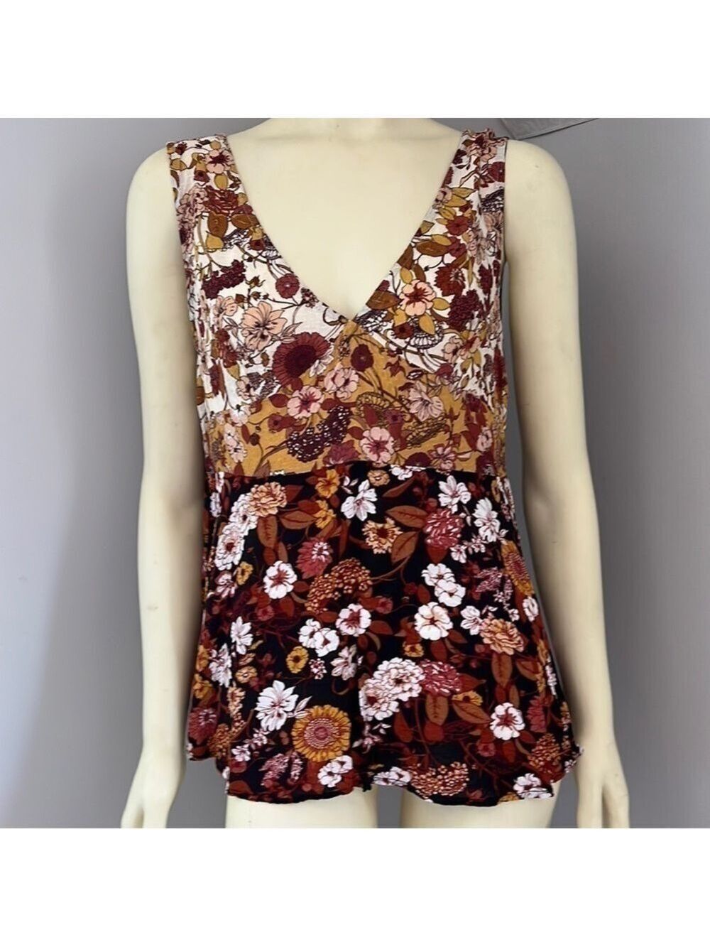 MAUNCES Women’s V-Neck Floral Sleeveless Boho Tank Top Blouse Brown Pink L